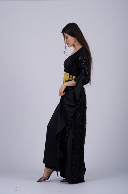 Elegant Black Kurdish Dress – Mesh Embroidered with Black Sequins