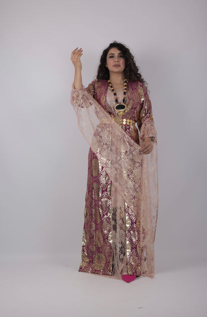 🩷 Hafse Xan – 5-Piece Kurdish Pink Dress Set (Golden, Maroon Off-White)