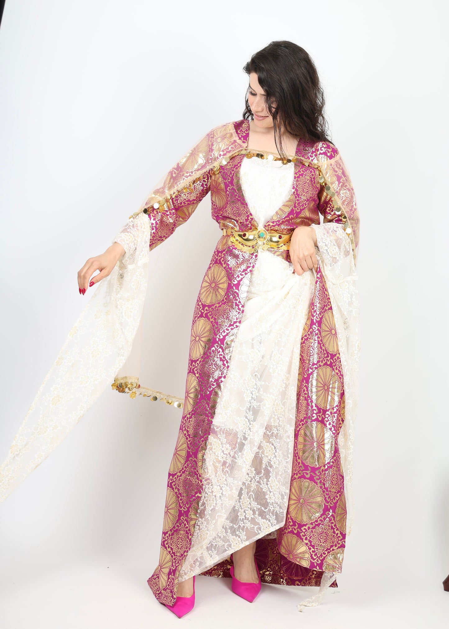 l💕Hafse Xan Collection – 4-Piece Kurdish Dress Set (Golden, Maroon with Off-White)