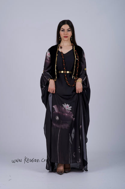 Black Satin Kurdish Dress with Velvet Hêlak and Gobarok Chain 4 items