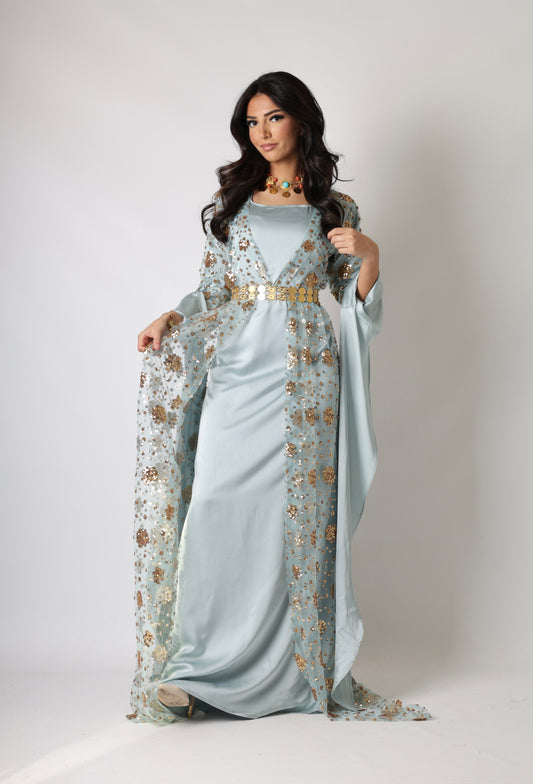 Chro Collection Badini Model – Blue Kurdish Dress with Golden Flowers (2-Piece Set)