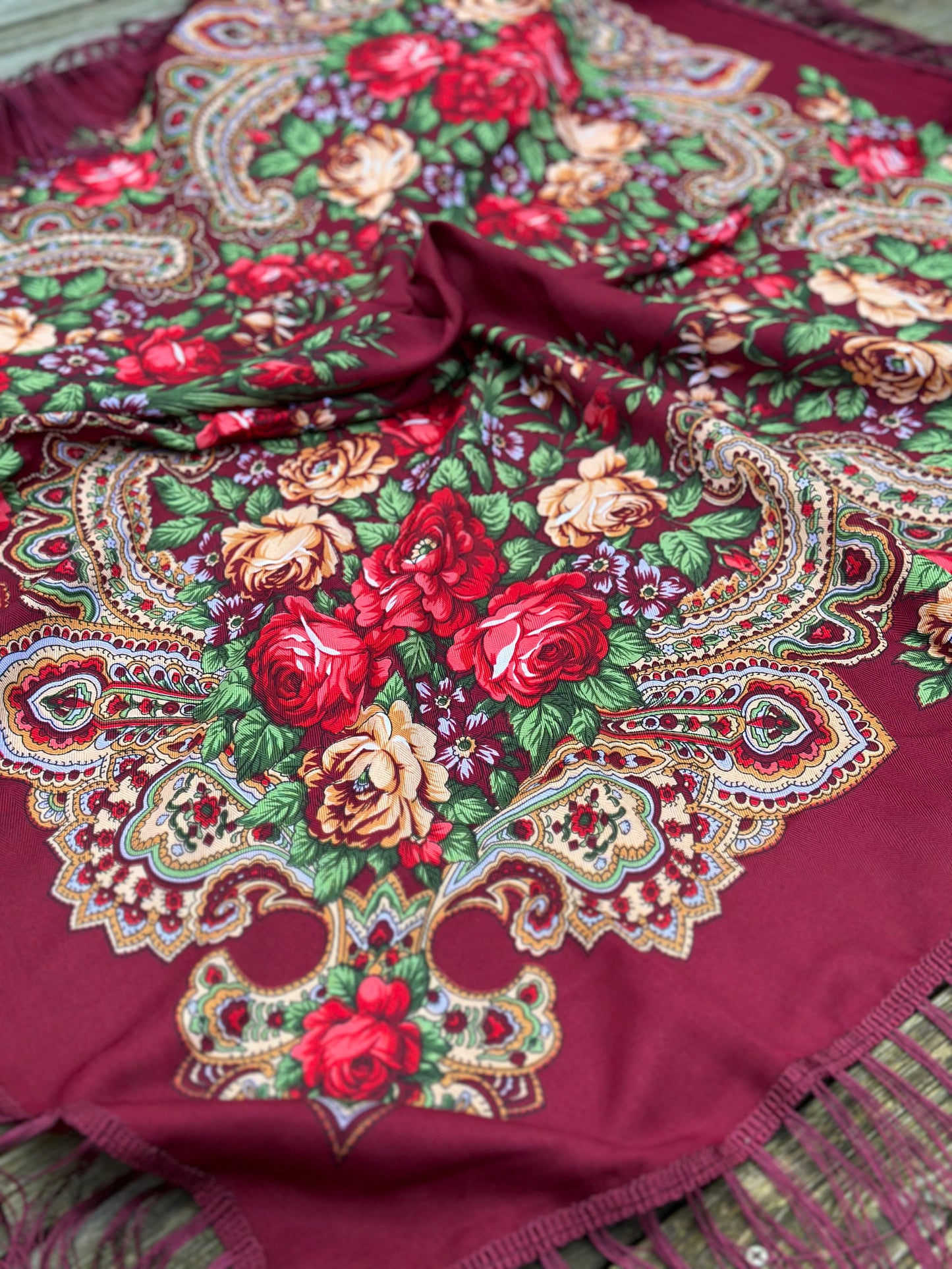 Red Wine Floral Scarf | 110x110 cm | Luxurious Soft Touch with Tassels