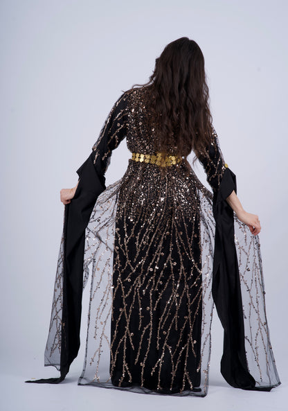 Newroz Kurdish Dress – Black & Gold Sequin Embroidery with Adjustable Satin Silk Kiras