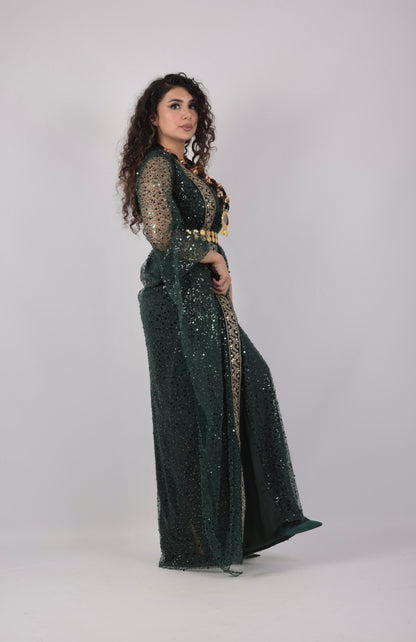 🌿 Dark Green Kurdish Kawa Dress with Embroidery (Includes Kras & Underdress