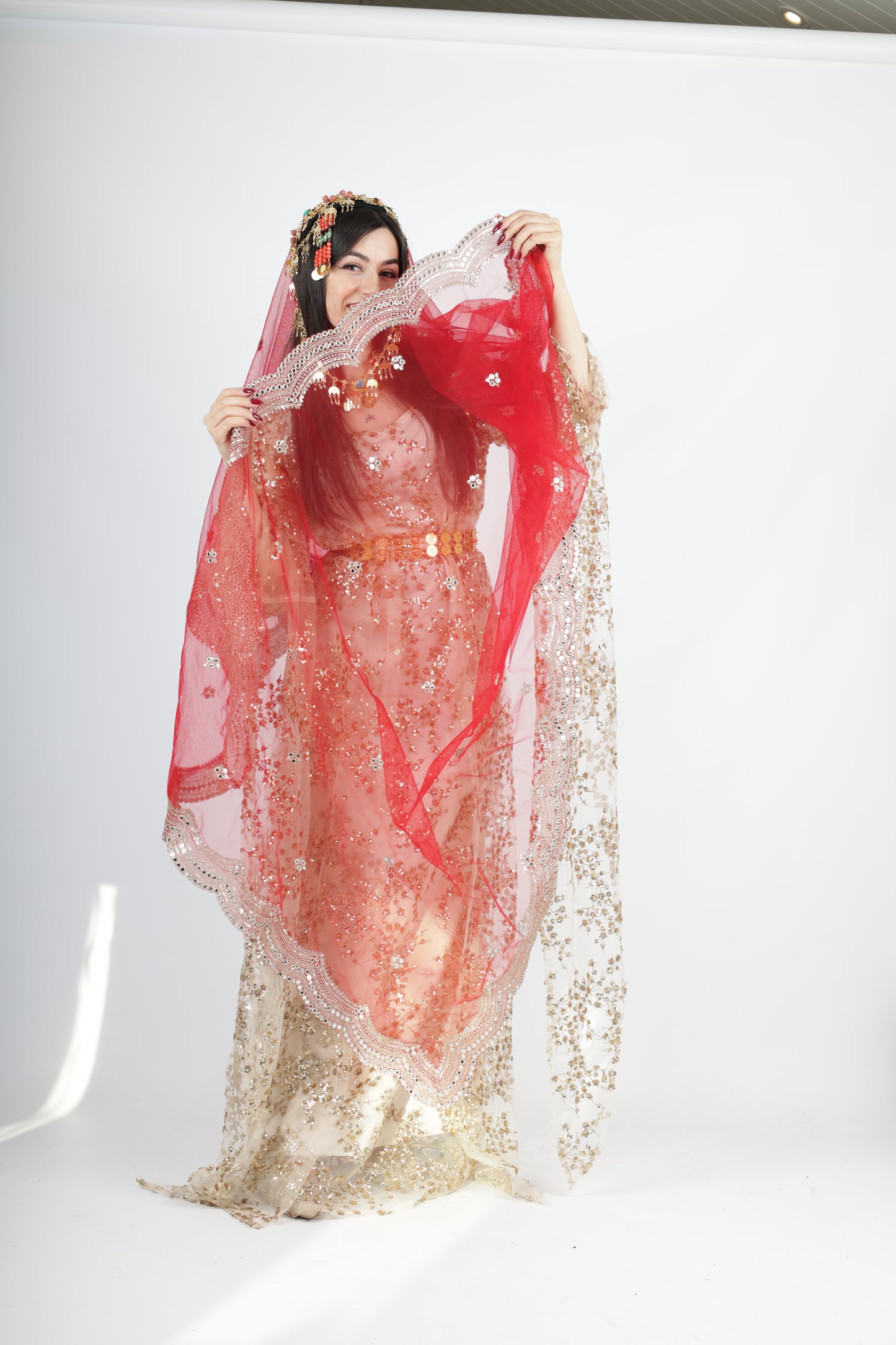 Shkofa Collection – Gold Sequin Embroidered Kras & Kawa and red long veil