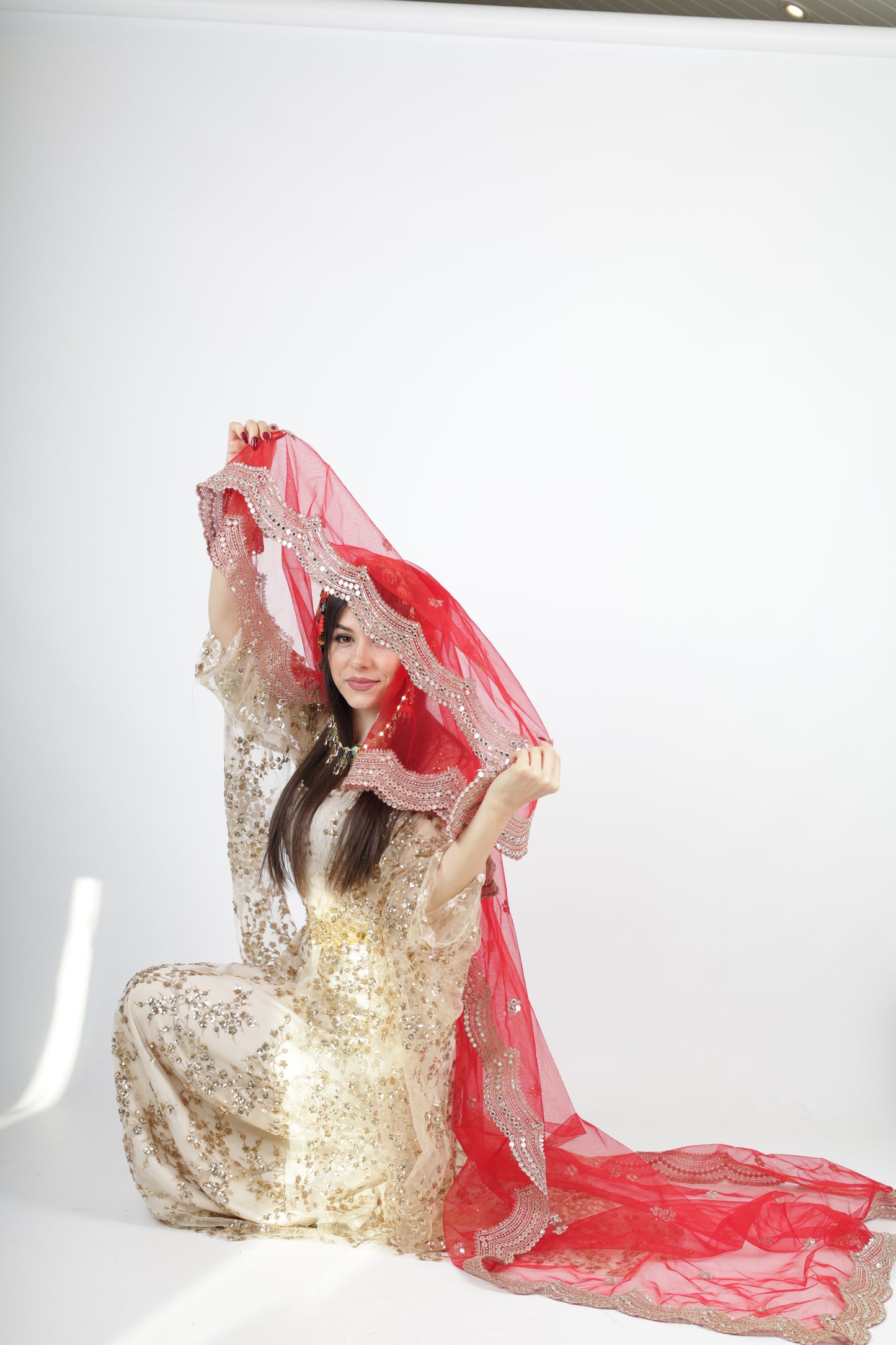 Shkofa Collection – Gold Sequin Embroidered Kras & Kawa and red long veil