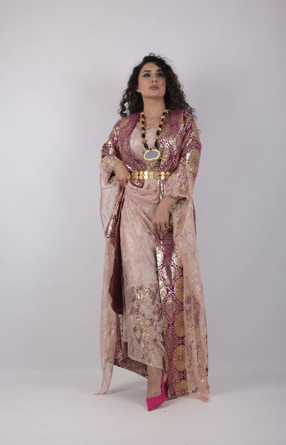 🩷 Hafse Xan – 5-Piece Kurdish Pink Dress Set (Golden, Maroon Off-White)