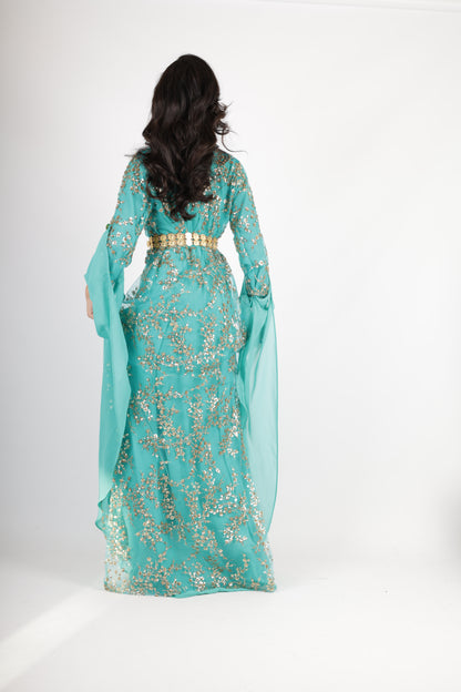 Shkofe Turquoise Gold – Traditional Kurdish Dress with Golden Embroidery 3 items ( kawa , kras, underwear)