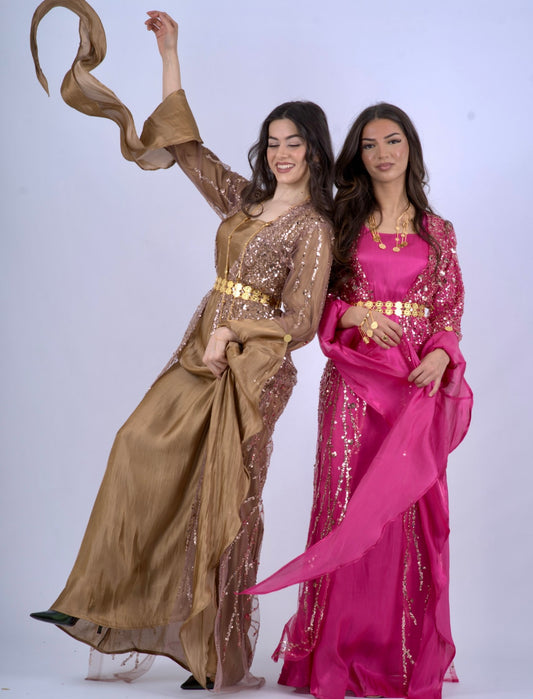 Newroz Hot Pink – Elegant Kurdish Newroz Dress with Golden Crystal Embroidery