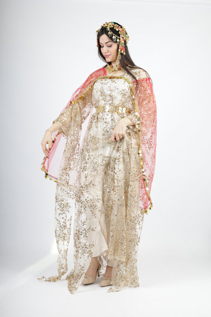 Shkofa Collection – Gold Sequin Embroidered Kras & Kawa and Red Kolwane