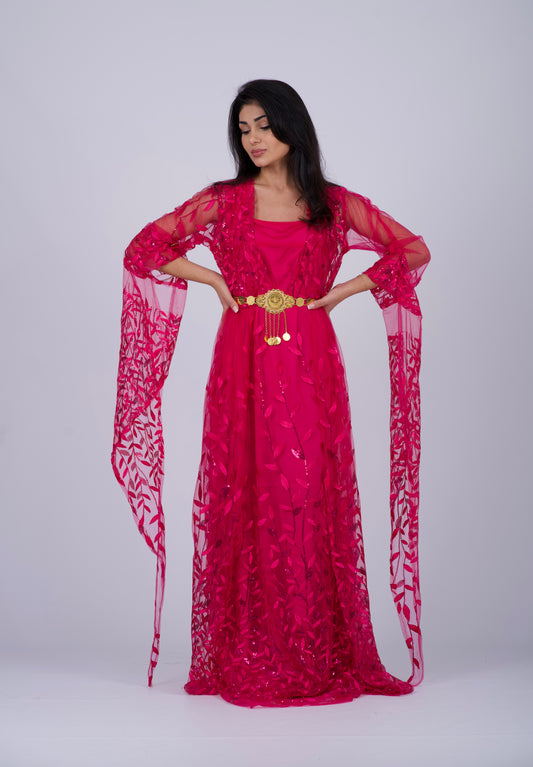 Hot Pink Badini-Style Kurdish Dress with flexible waist and elegant leaf-patterned embroidery, perfect for Newroz celebrations and cultural events.