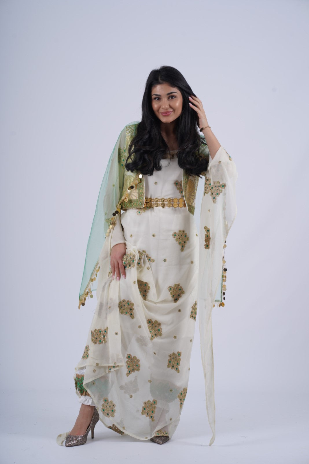 Bahar – Timeless Kurdish Dress with Off-White, Golden &amp; Green Elegance