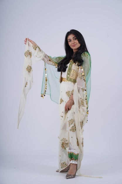 Bahar – Timeless Kurdish Dress with Off-White, Golden &amp; Green Elegance