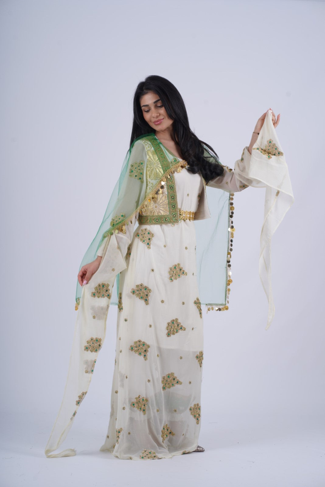 Bahar – Timeless Kurdish Dress with Off-White, Golden &amp; Green Elegance