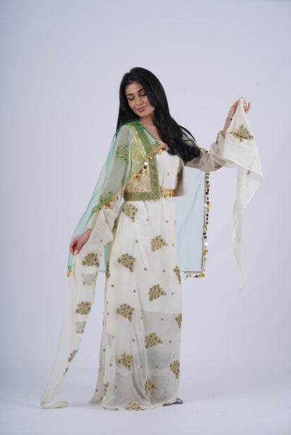 Bahar – Timeless Kurdish Dress with Off-White, Golden &amp; Green Elegance