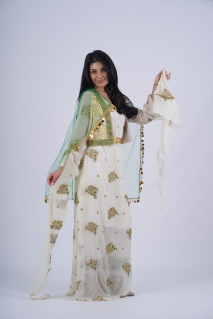 Bahar – Timeless Kurdish Dress with Off-White, Golden &amp; Green Elegance