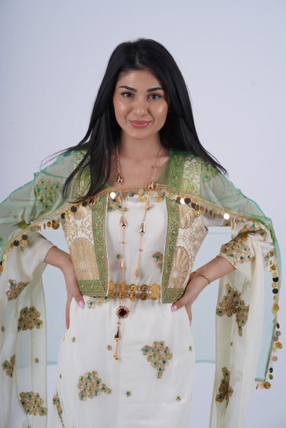 Bahar – Timeless Kurdish Dress with Off-White, Golden &amp; Green Elegance