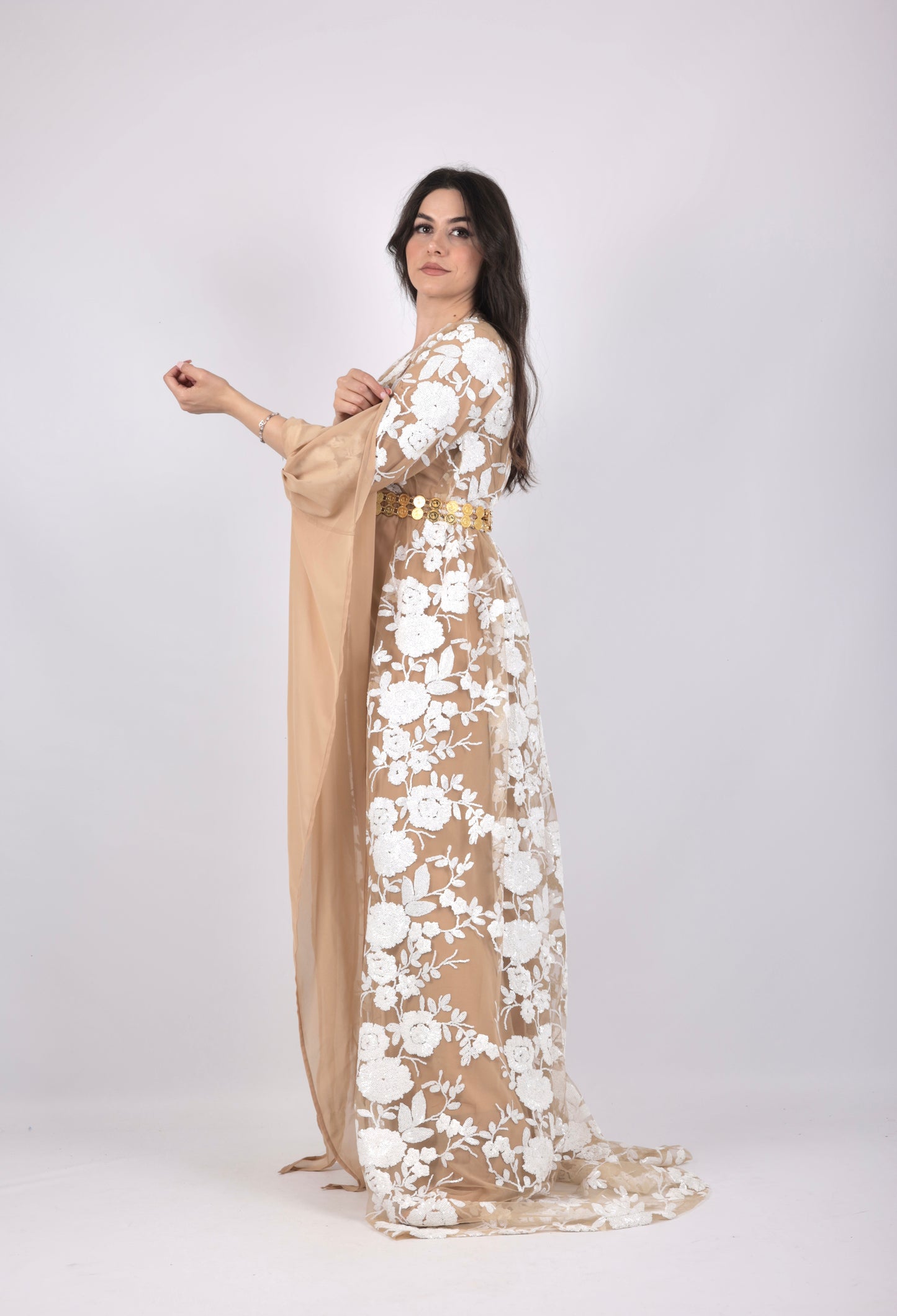 Dildar Badini Kurdish Dress pearl white with Nude