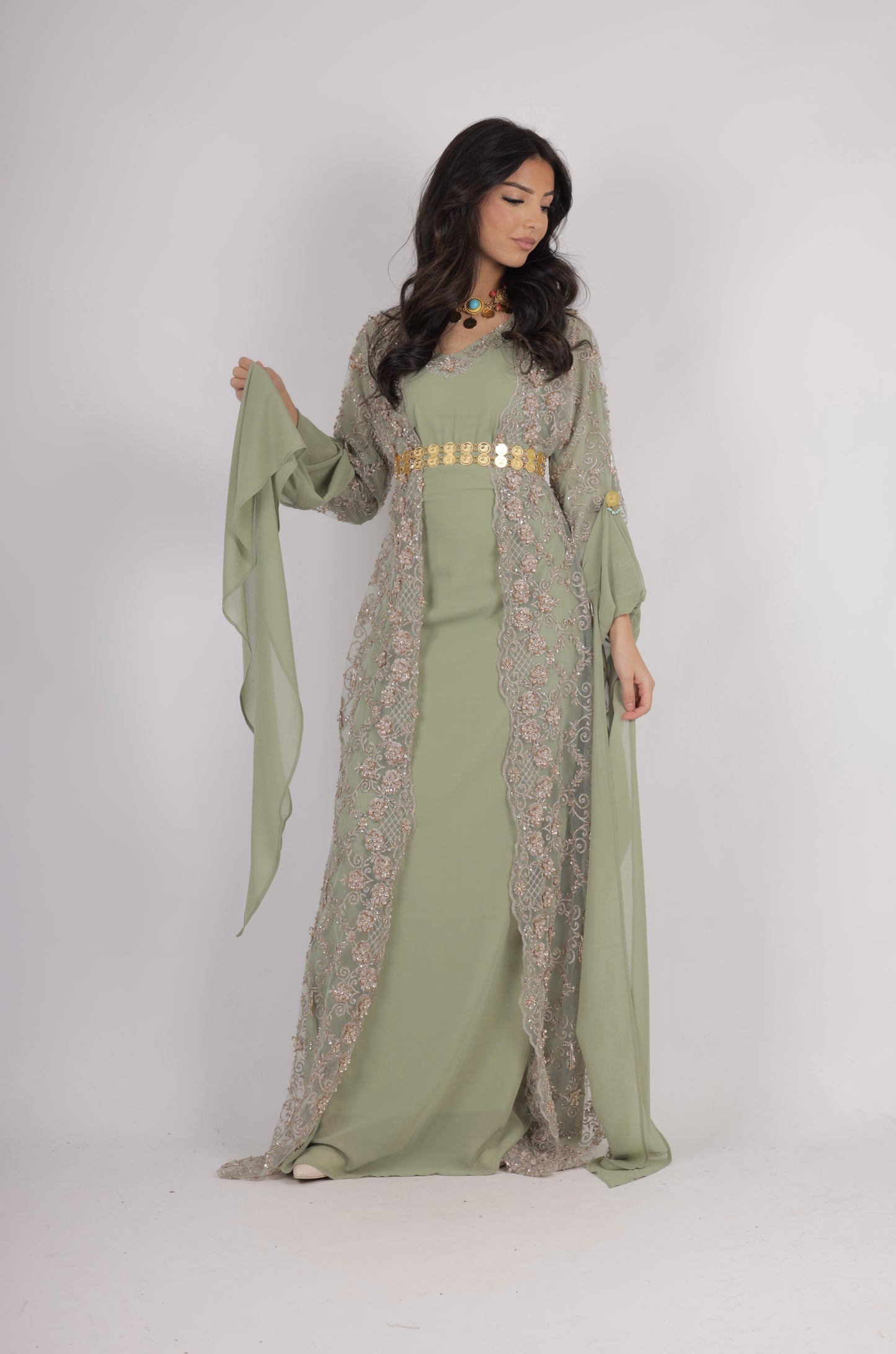 Awaz Kurdish Dress Light  Green  Golden  hand beaded