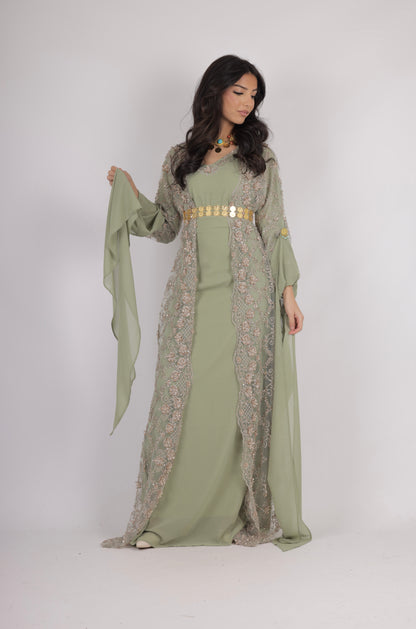 Awaz Kurdish Dress Light  Green  Golden  hand beaded