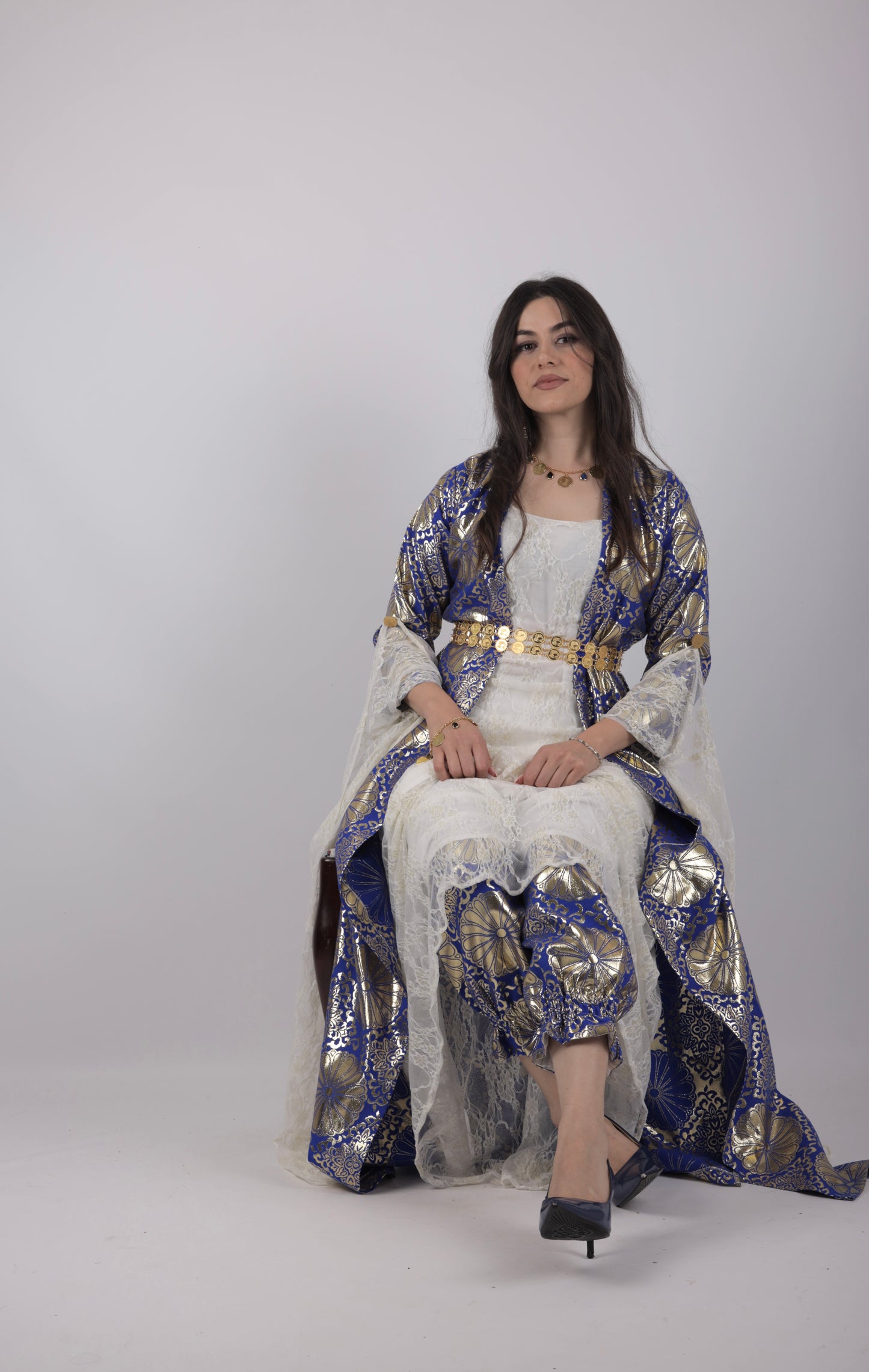💙Hafse Xan Collection – 4-Piece Kurdish Dress Set (Golden, Carbon Blue Off-White)