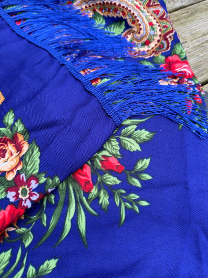 Royal Blue Floral Scarf | 110x110 cm | Luxurious Soft Touch with Tassels