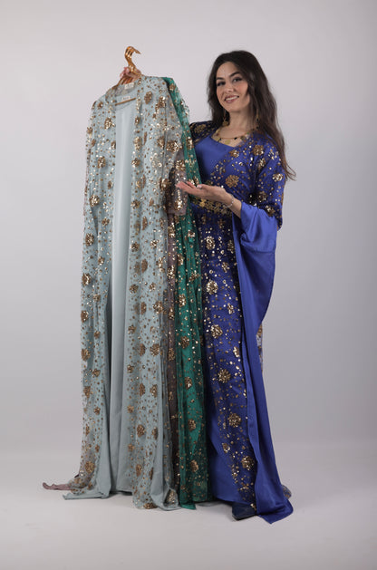 Chro Collection – Badini Model, Carbon Blue Kurdish Dress with Golden Flowers ( 2-Piece Set)