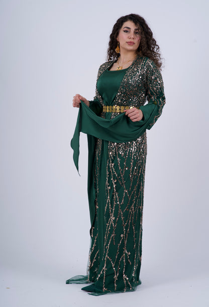 Elegant Green Kurdish Dress – Golden & Crystal Embroidery | Perfect for Newroz & Henna Nights