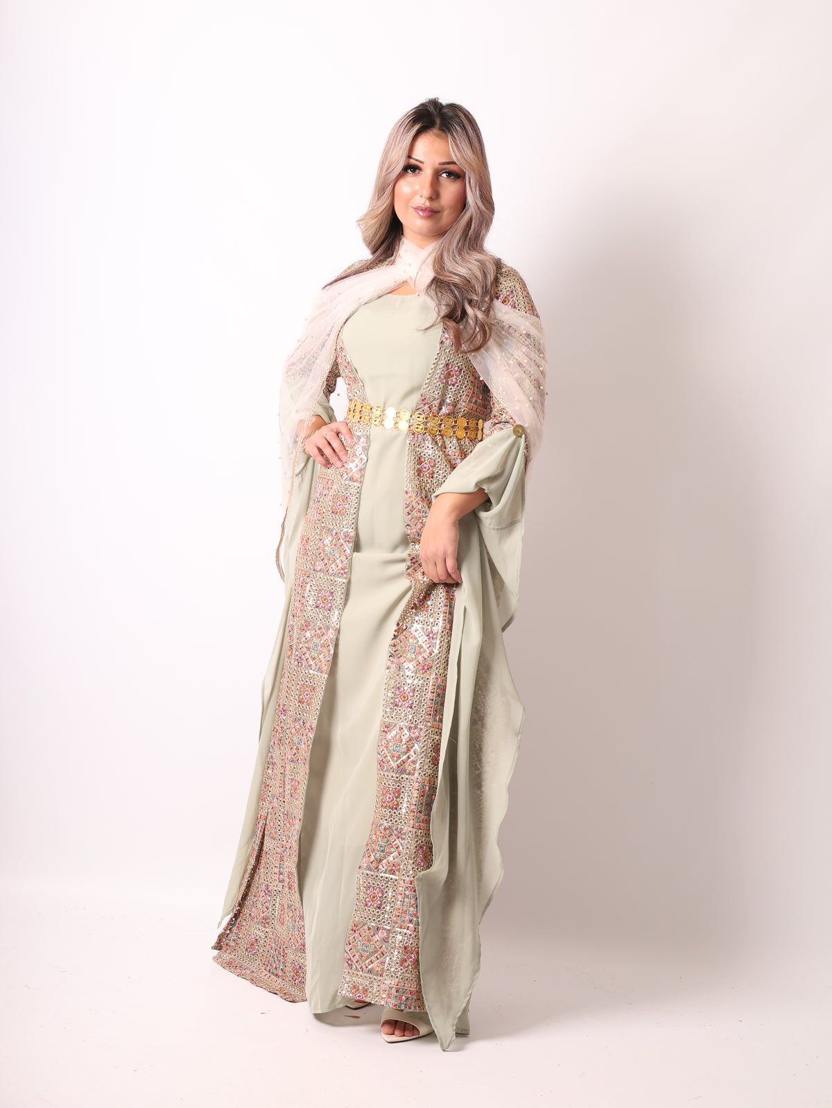 Cudi/Judi Kurdish Dress Green – Luxury Embroidered 4 -Piece Set Mint green including Dasmal