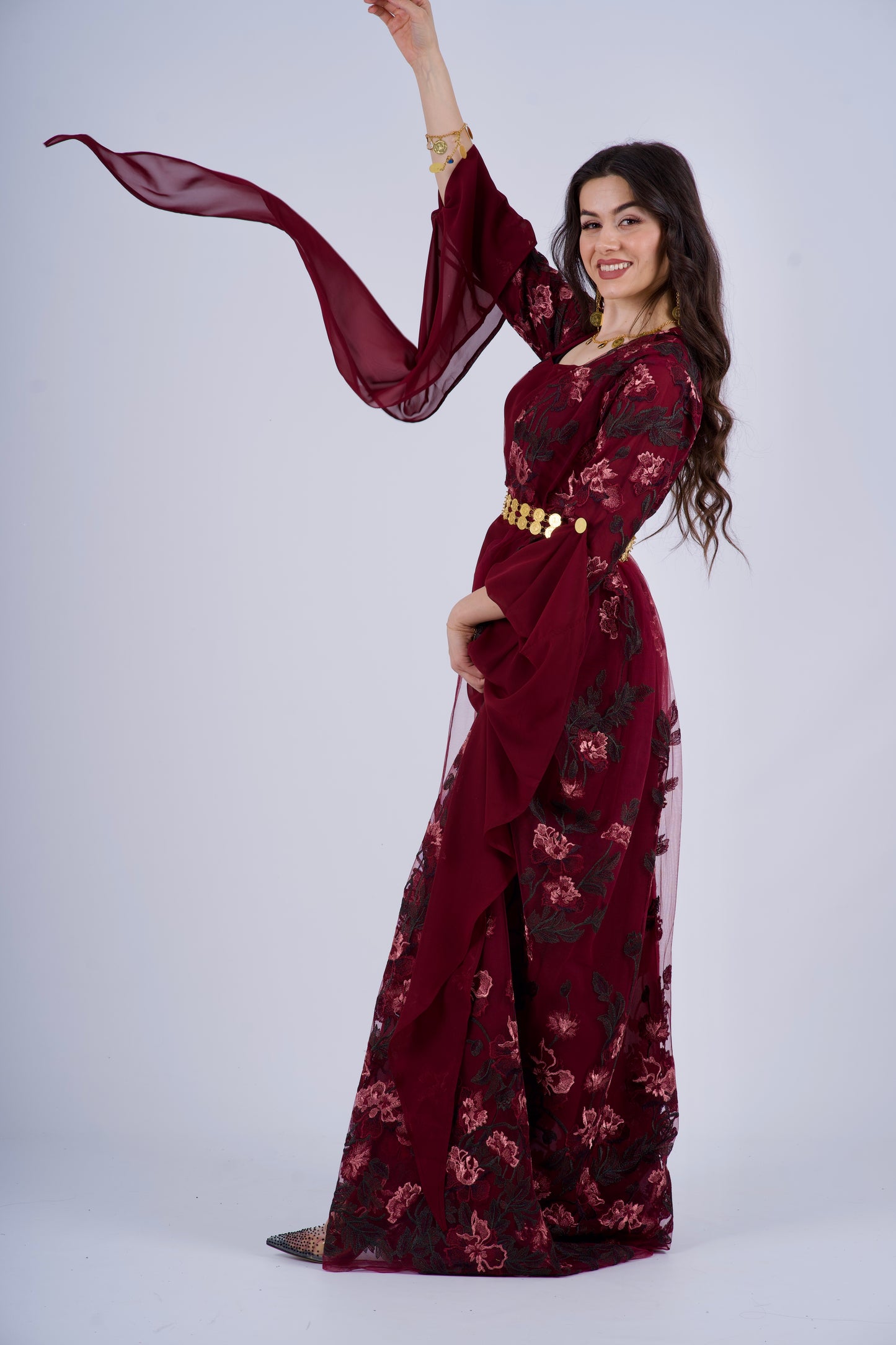 Badini KurdishDress– Burgundy with Dark Green Flowers