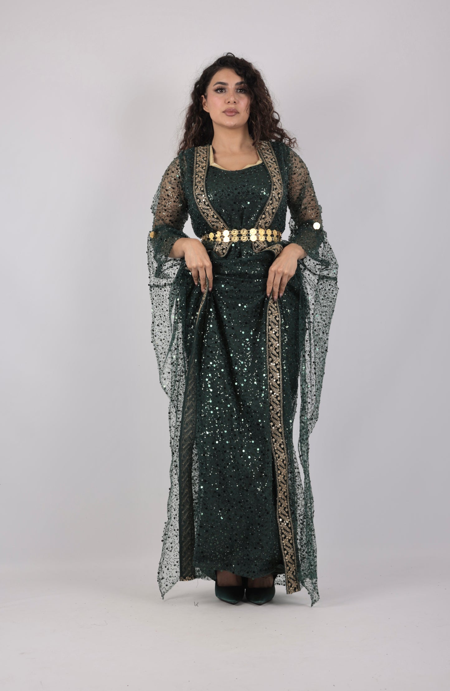 🌿 Dark Green Kurdish Kawa Dress with Embroidery (Includes Kras & Underdress