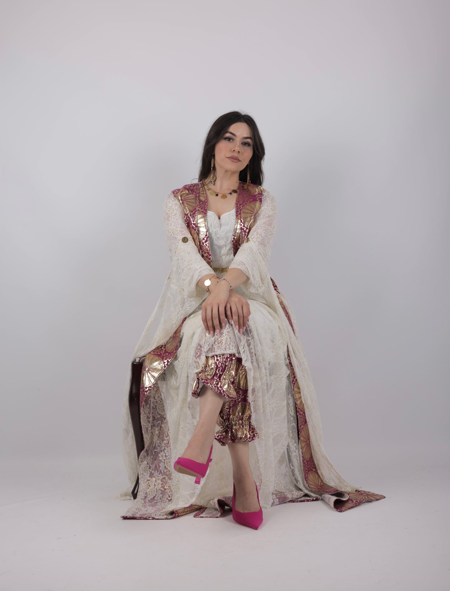 🩷 Zerin Collection – 5-Piece Kurdish Dress Set (Golden, Maroon Off-White)