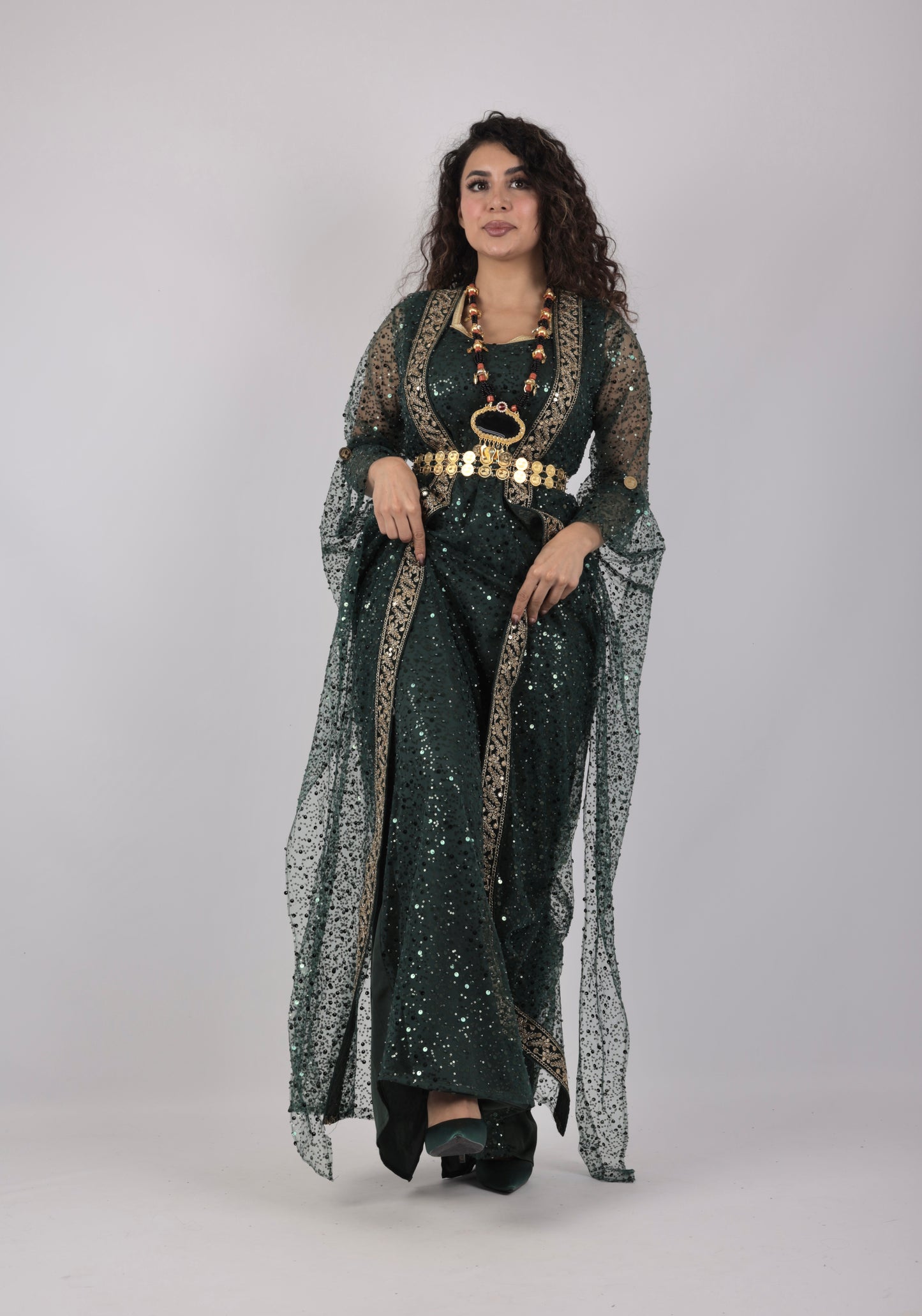 🌿 Dark Green Kurdish Kawa Dress with Embroidery (Includes Kras & Underdress