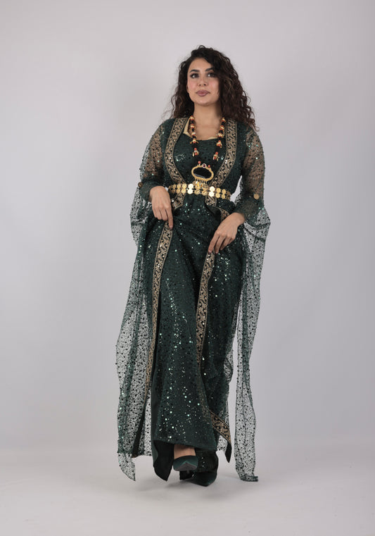 🌿 Dark Green Kurdish Kawa Dress with Embroidery (Includes Kras & Underdress