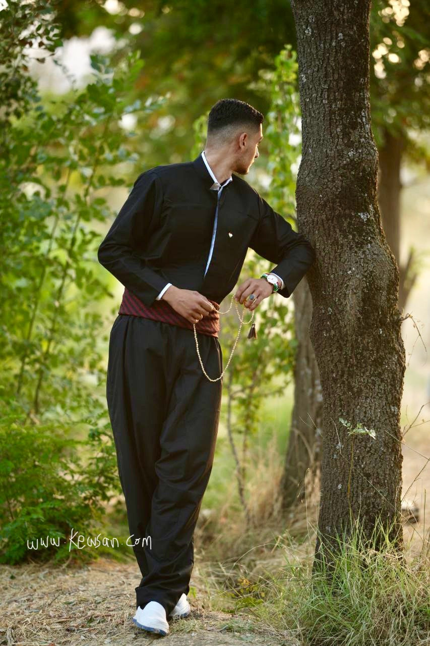 Complete Black Suit: "Complete Kurdish men's suit in black, featuring Kawa coat, Pantol pants, and a matching Peshtwen Shal belt