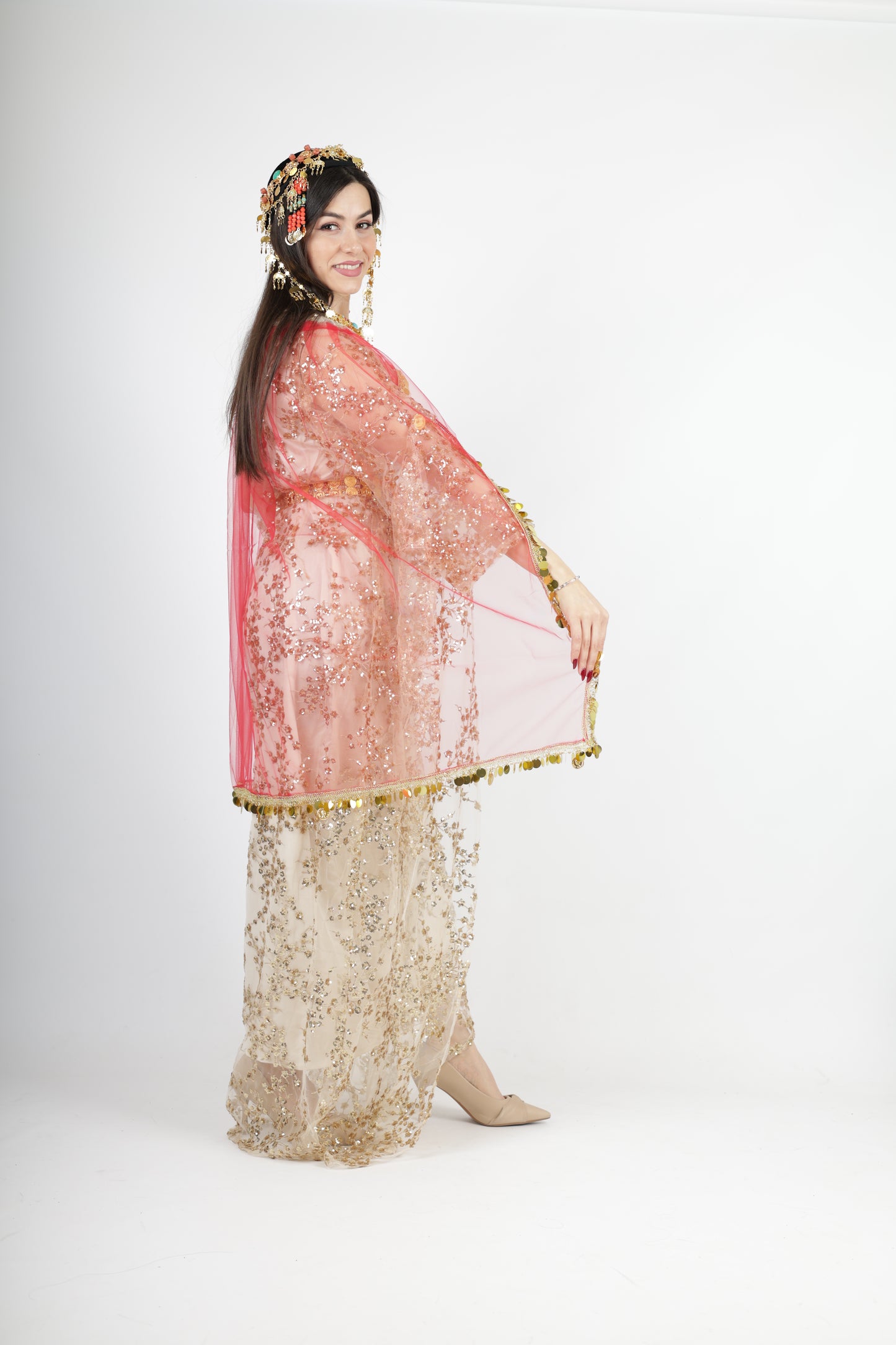 Shkofa Collection – Gold Sequin Embroidered Kras & Kawa and Red Kolwane