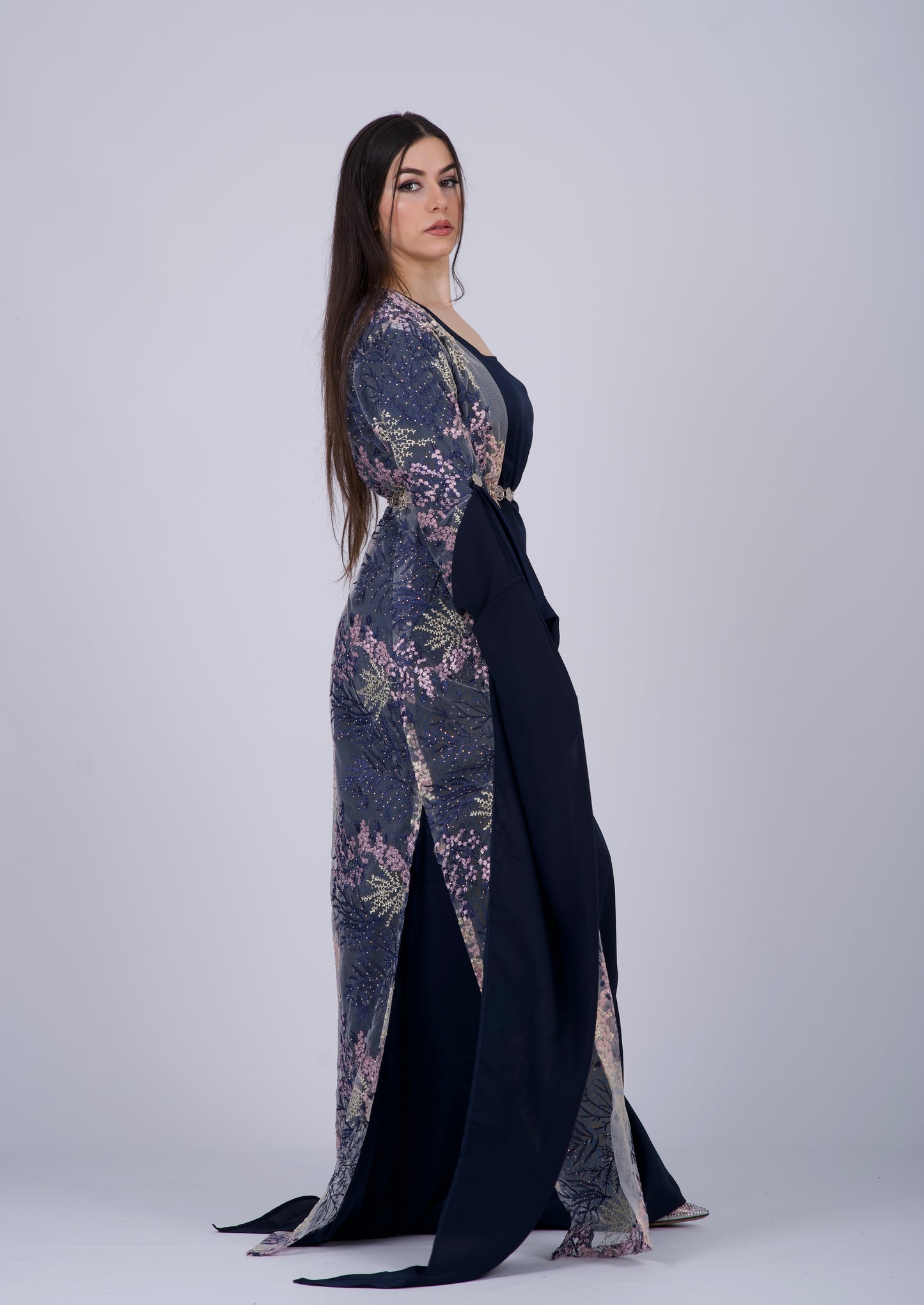 Baxan Collection Navy blue – Elegant Mesh Embroidered Kurdish Dress with Satin Silk Kiras