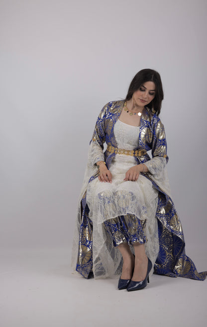 💙Hafse Xan Collection – 4-Piece Kurdish Dress Set (Golden, Carbon Blue Off-White)