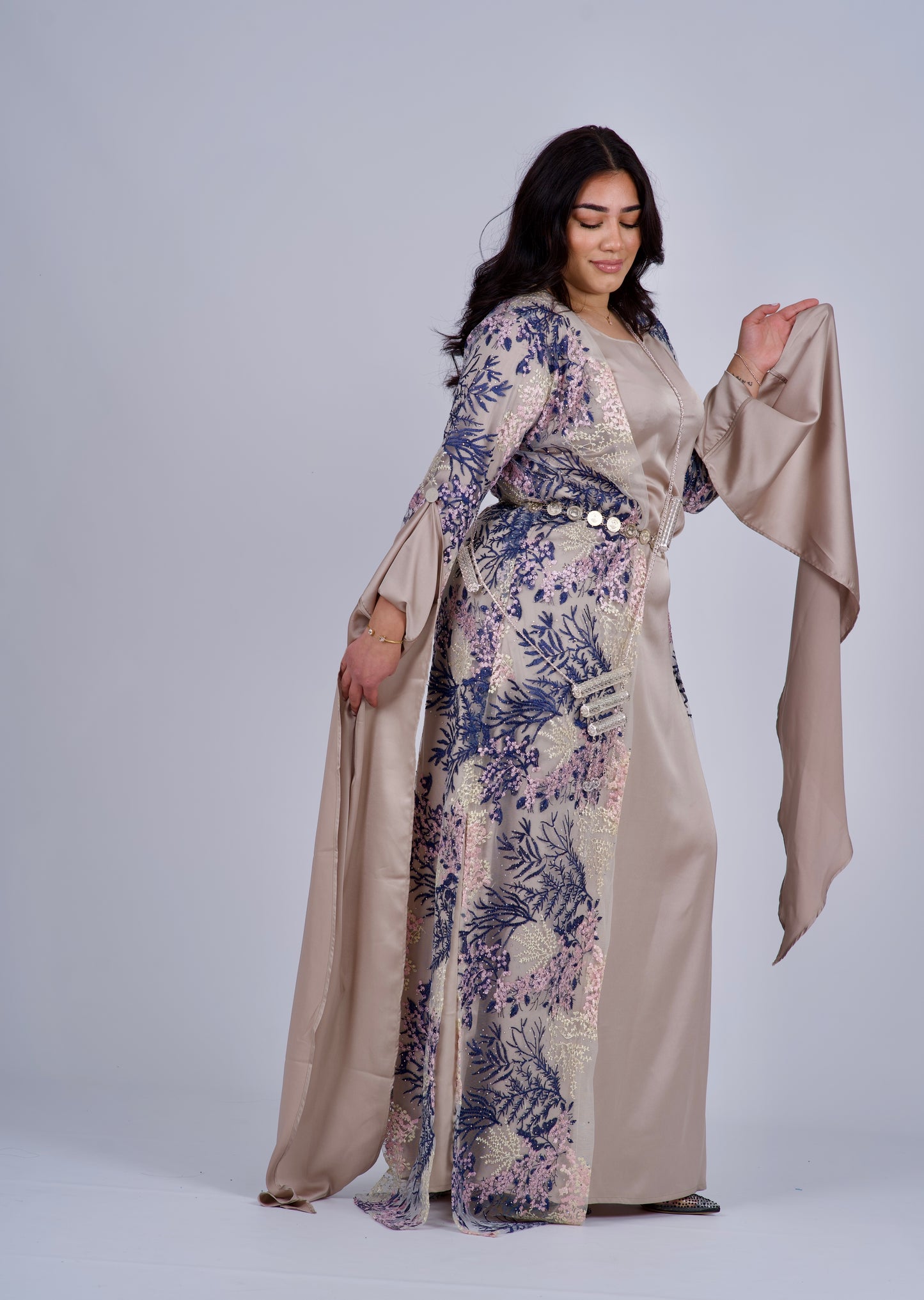 Baxan Collection Beige – Elegant Mesh Embroidered Kurdish Dress with Satin Silk Kiras