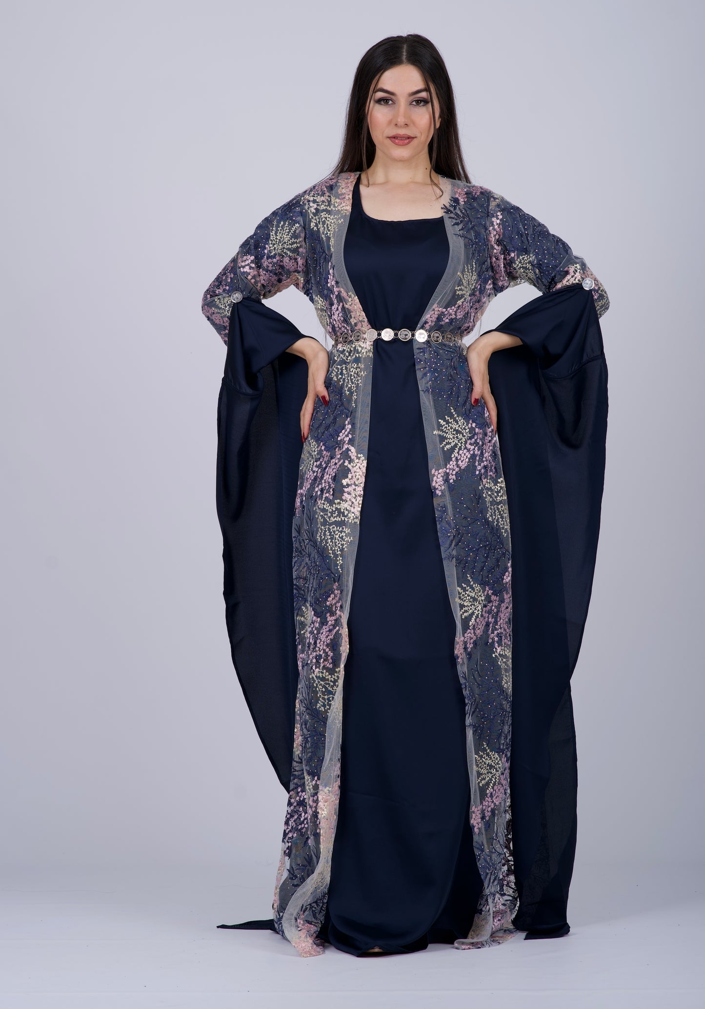 Baxan Collection Navy blue – Elegant Mesh Embroidered Kurdish Dress with Satin Silk Kiras