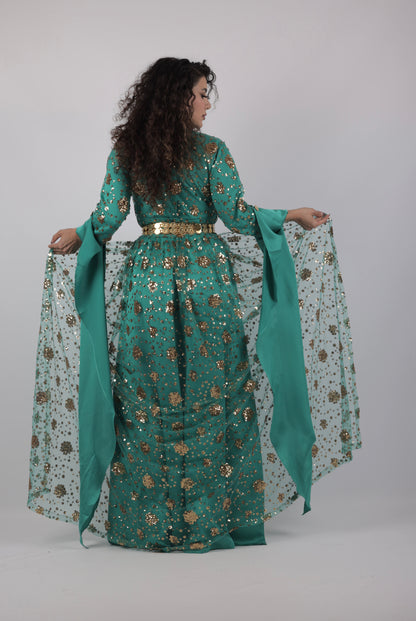 Chro Collection –Badini Model Green Kurdish Dress with Golden Flowers (Badini Model, Celebrity Style) 2 items