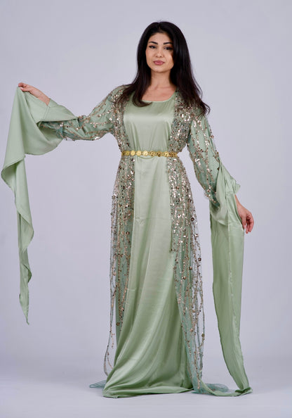 Elegant Green Kurdish Dress with Gold Embroidery – Perfect for Weddings & Newroz