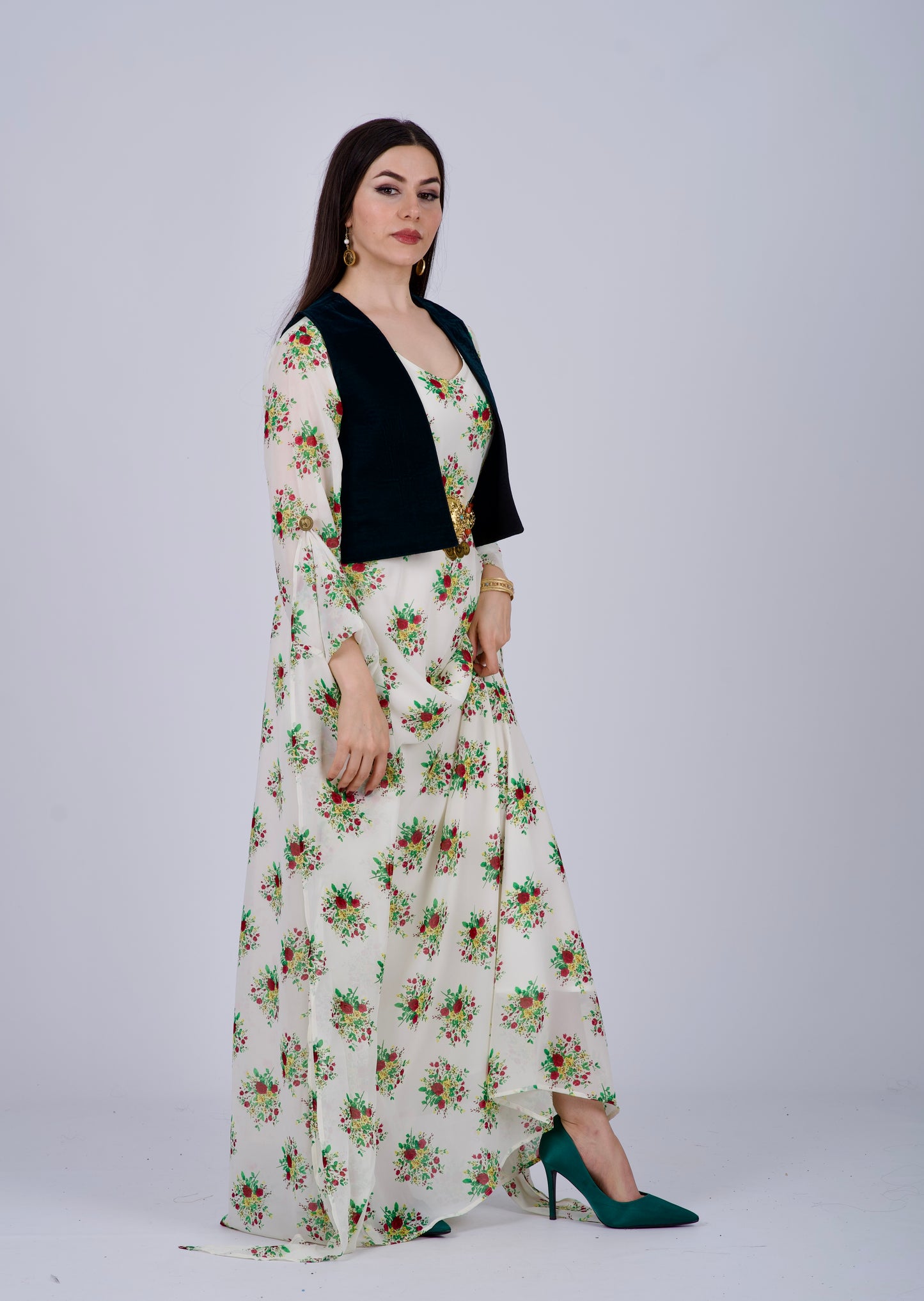 Shal Laki Kurdish Dress Set –  with Dark Green vest and White Cotton Underwear