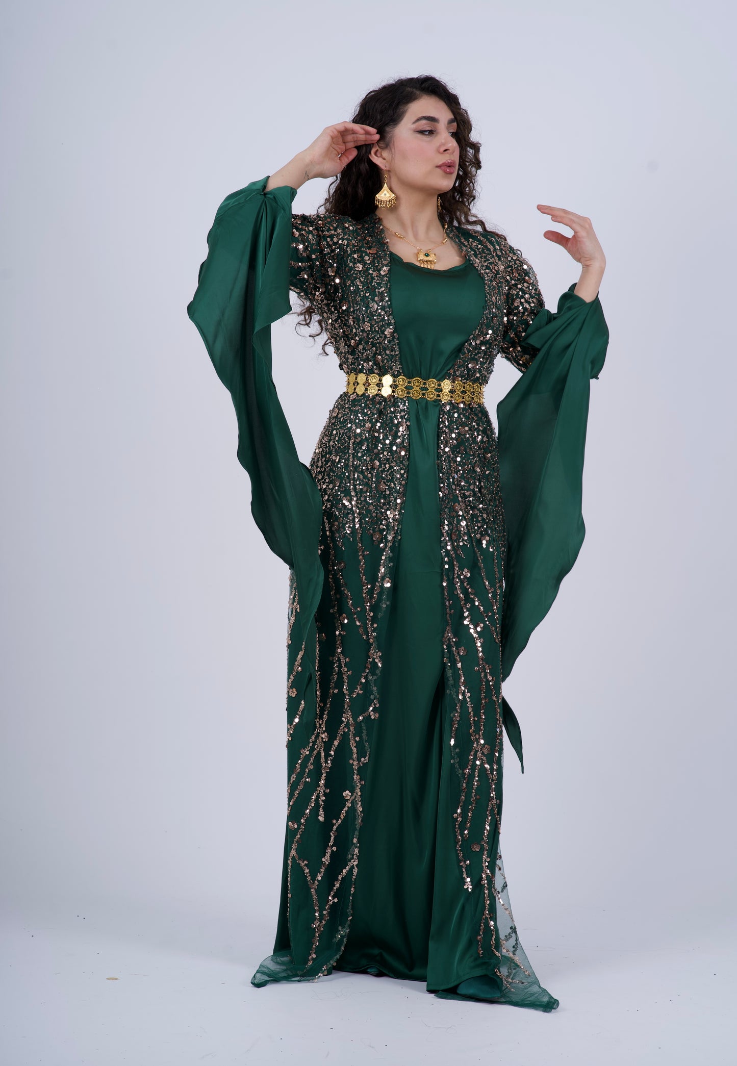 Elegant Green Kurdish Dress – Golden & Crystal Embroidery | Perfect for Newroz & Henna Nights