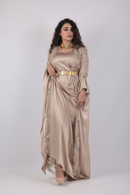 Xeyal Kurdish Dress – Coffee Brown with Pink & Turquoise | Elegant Traditional Kurdish Outfit