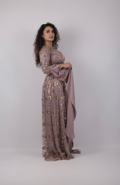Chro Collection – Badini Design Lavender Kurdish Dress with Golden Flowers (Badini Design, 2-Piece Set)
