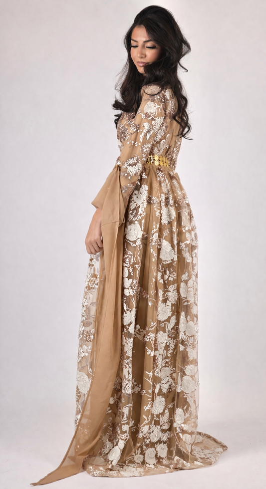 Dildar Badini Kurdish Dress pearl white with Nude