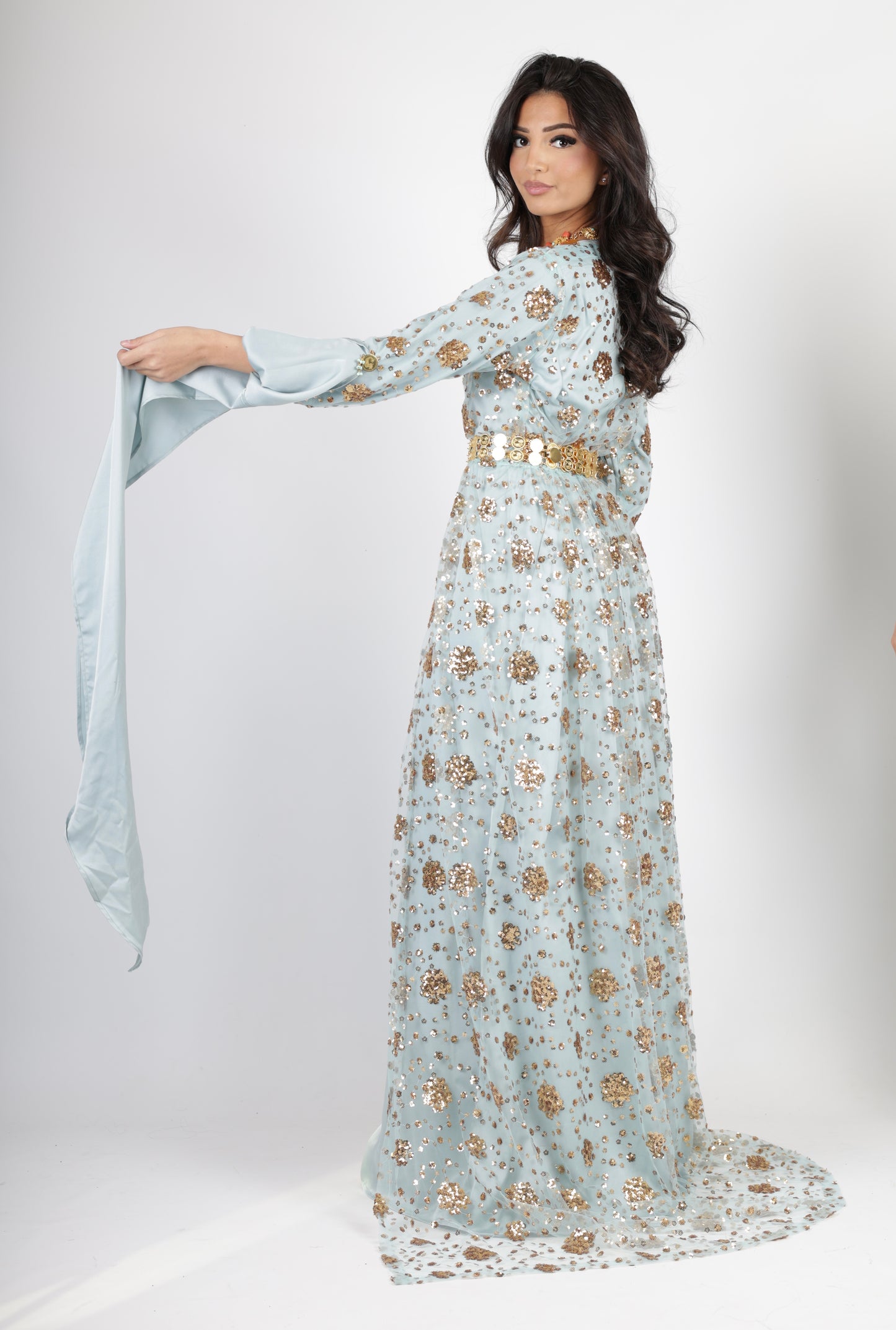 Chro Collection Badini Model – Blue Kurdish Dress with Golden Flowers (2-Piece Set)