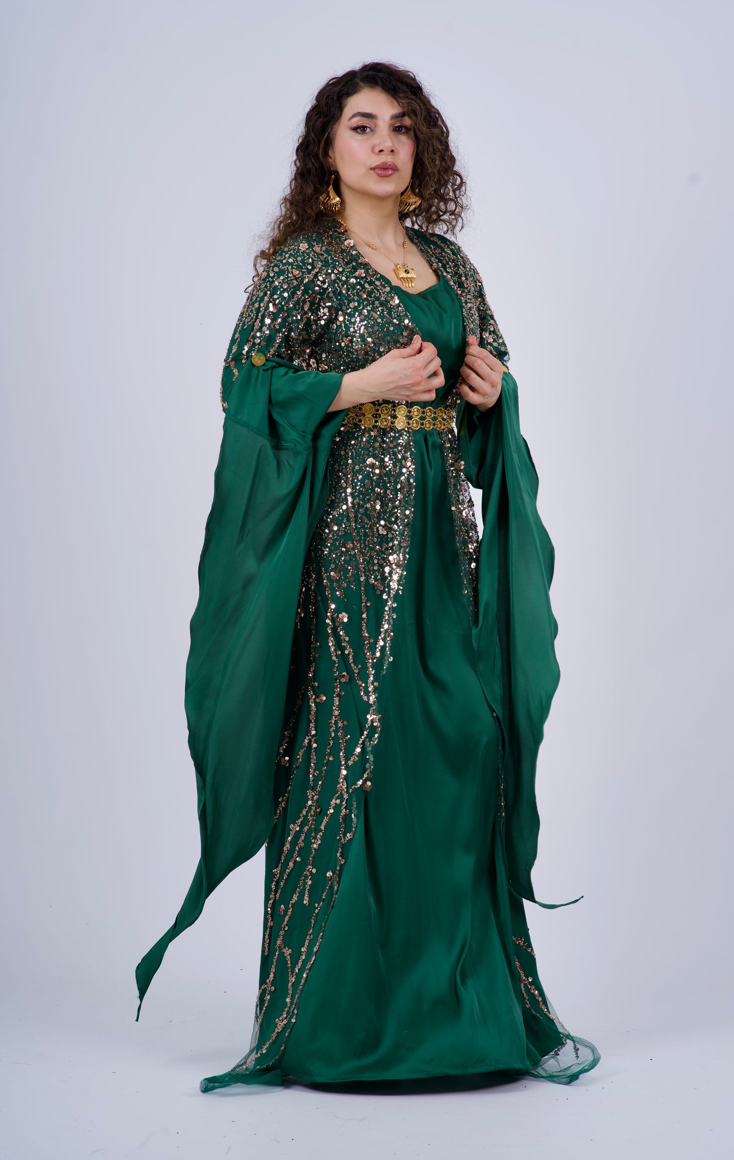 Elegant Green Kurdish Dress – Golden & Crystal Embroidery | Perfect for Newroz & Henna Nights