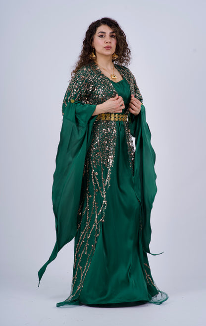 Elegant Green Kurdish Dress – Golden & Crystal Embroidery | Perfect for Newroz & Henna Nights